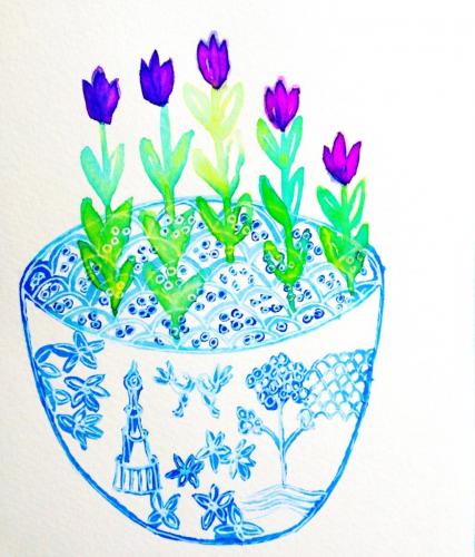 Blue willow and tulips